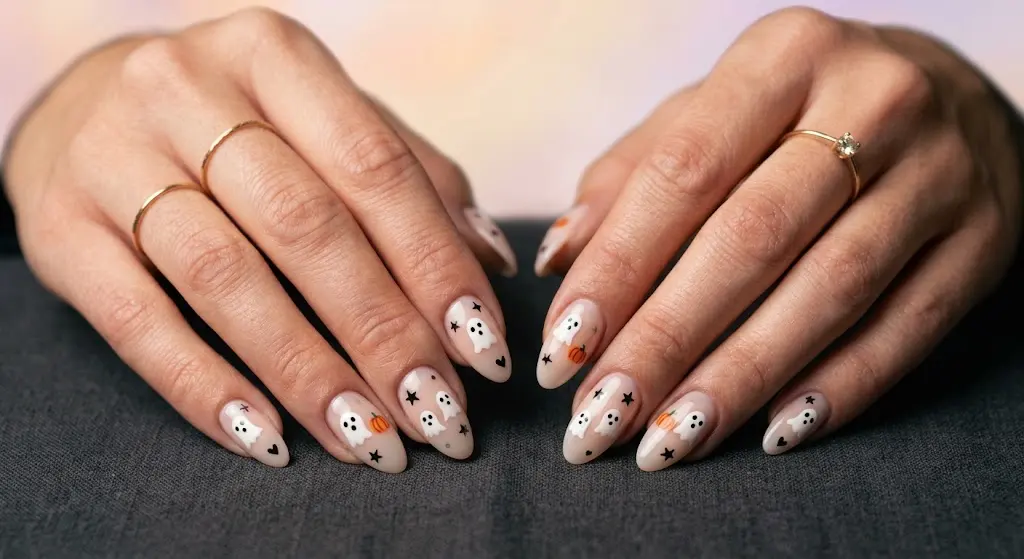 Cute Halloween nails with friendly ghost characters and pumpkins