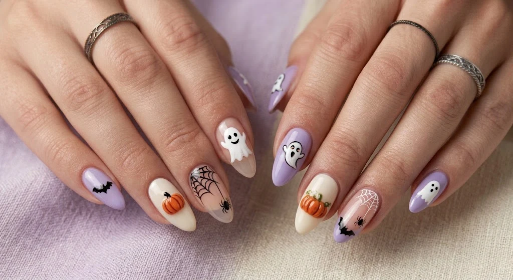 Cute and spooky mixed Halloween nail designs with ghosts and bats