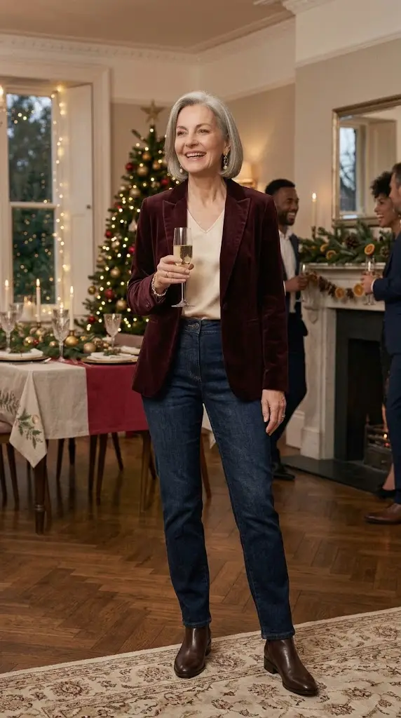 Dark jeans with satin blouse and velvet blazer