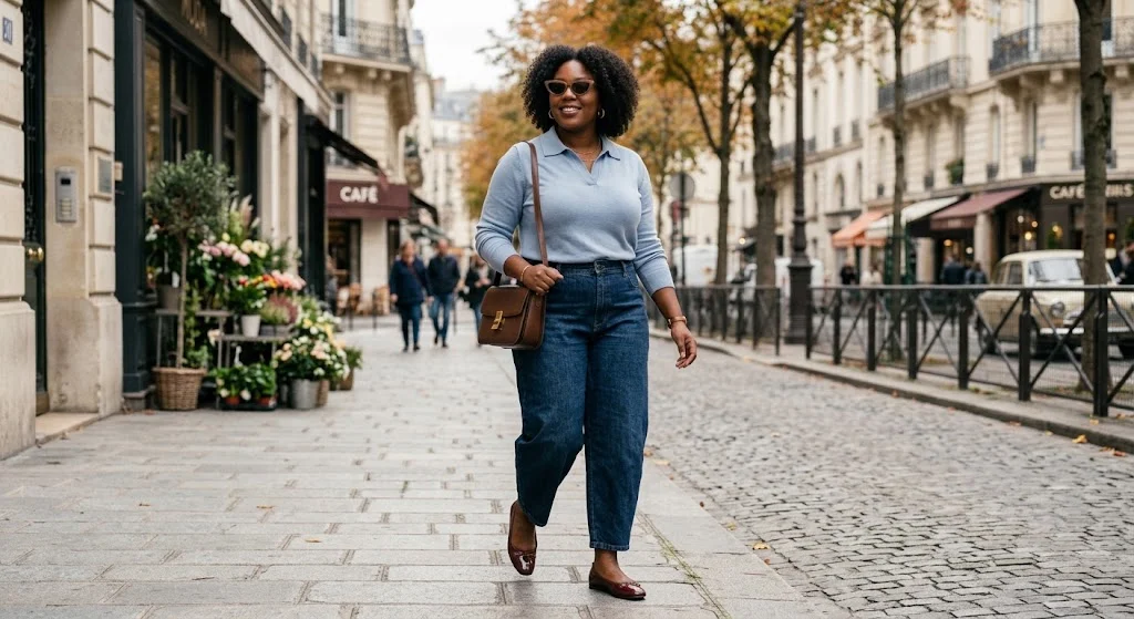 Plus size outfit with barrel jeans and powder blue knit