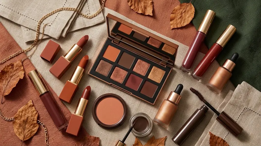 Deep Autumn makeup color palette with warm earthy shades