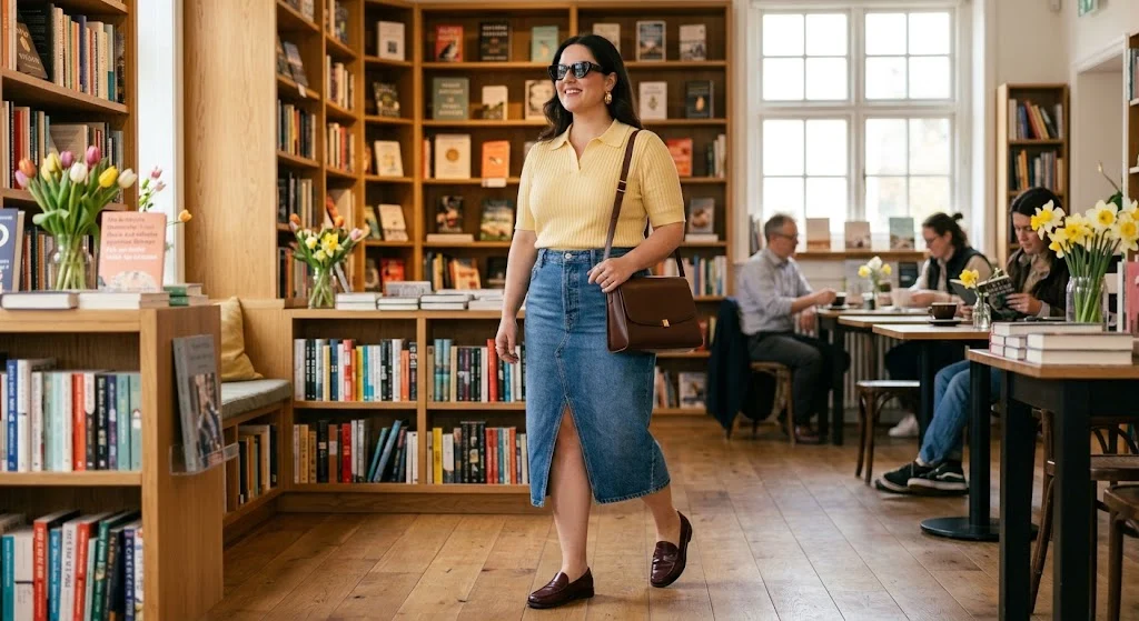 Plus size woman wearing denim midi skirt and butter yellow knit