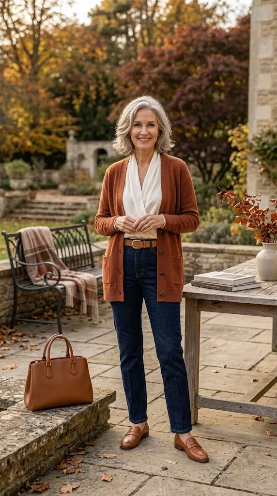 Rust cardigan and ivory outfit for warm undertones over 50