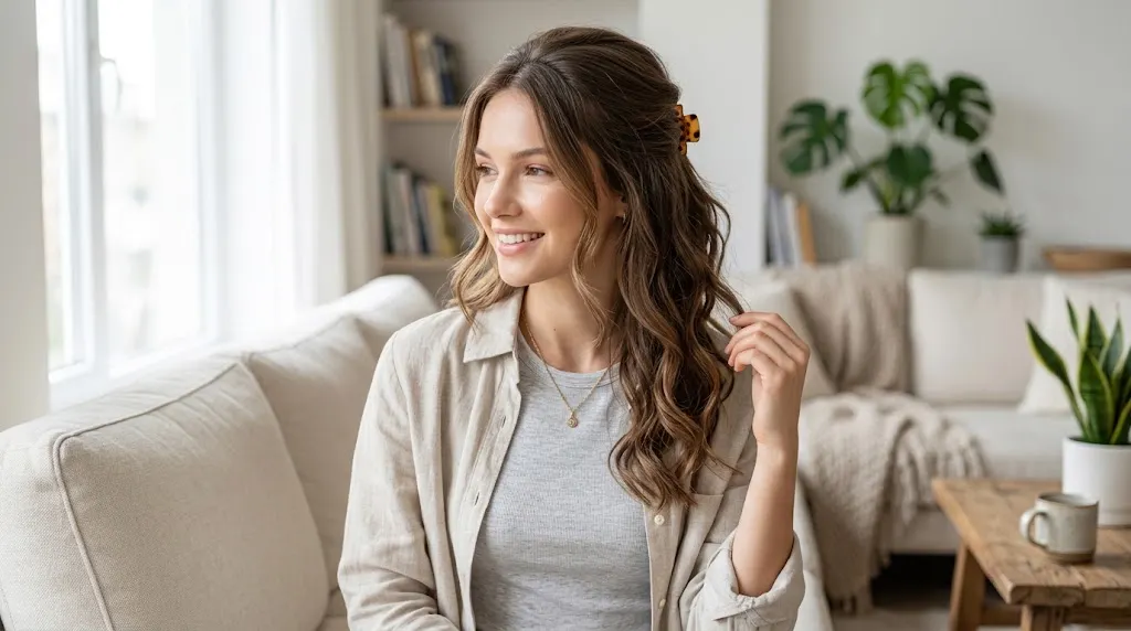 Easy everyday half up hairstyle with claw clip