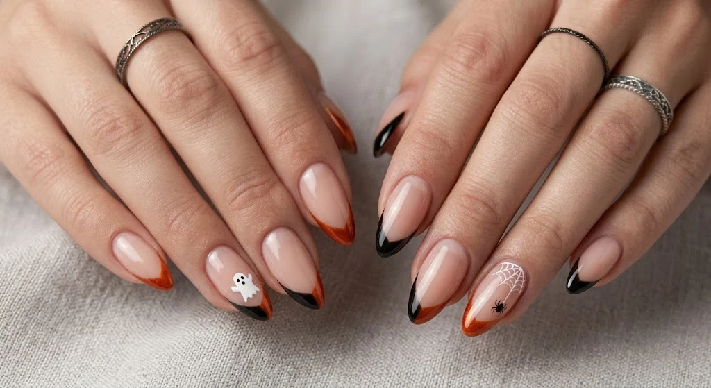 Easy Halloween nails with black and orange French tips