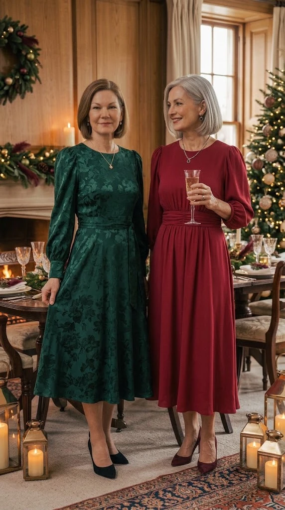 Emerald and cranberry Christmas dresses for women over 50