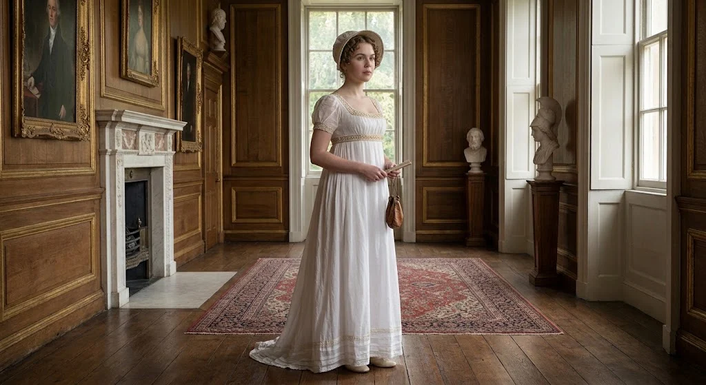 Regency empire line dress with high waist and flowing skirt