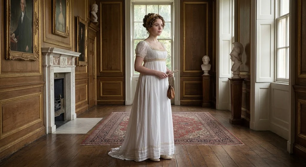 Regency woman wearing a classic empire waist dress