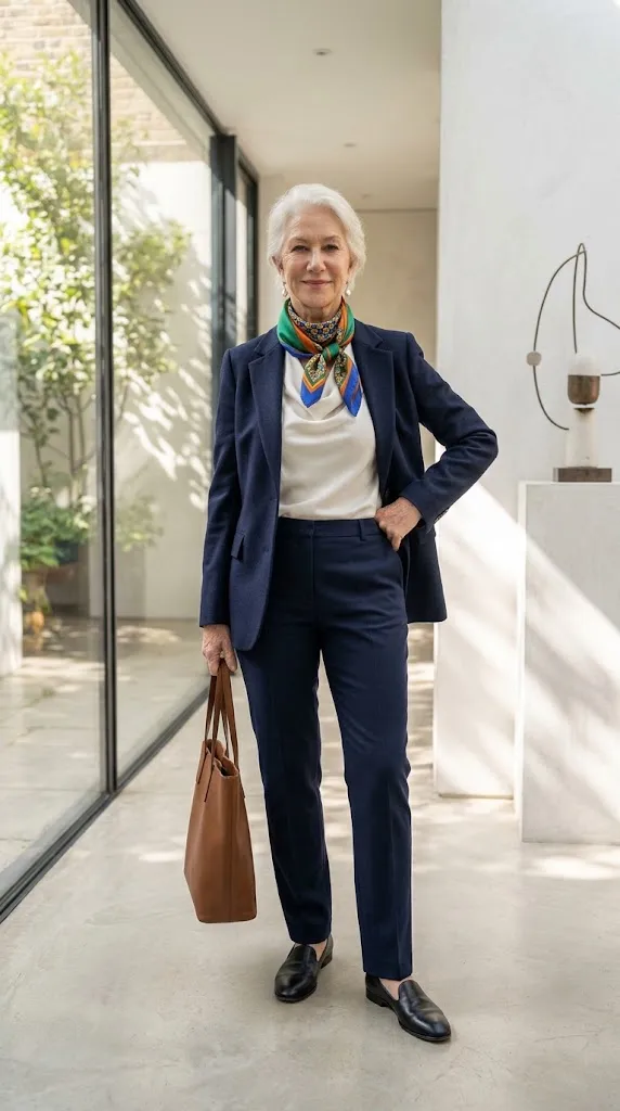Outfit formula for women over 50 with tailored trousers, a soft blouse, and a structured jacket