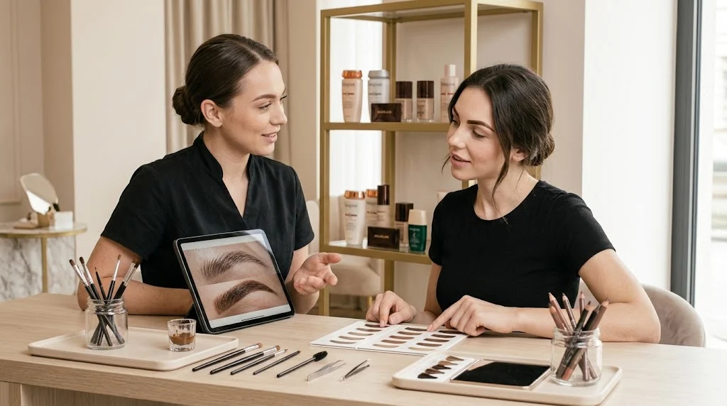 Client discussing eyebrow tinting with a beauty technician