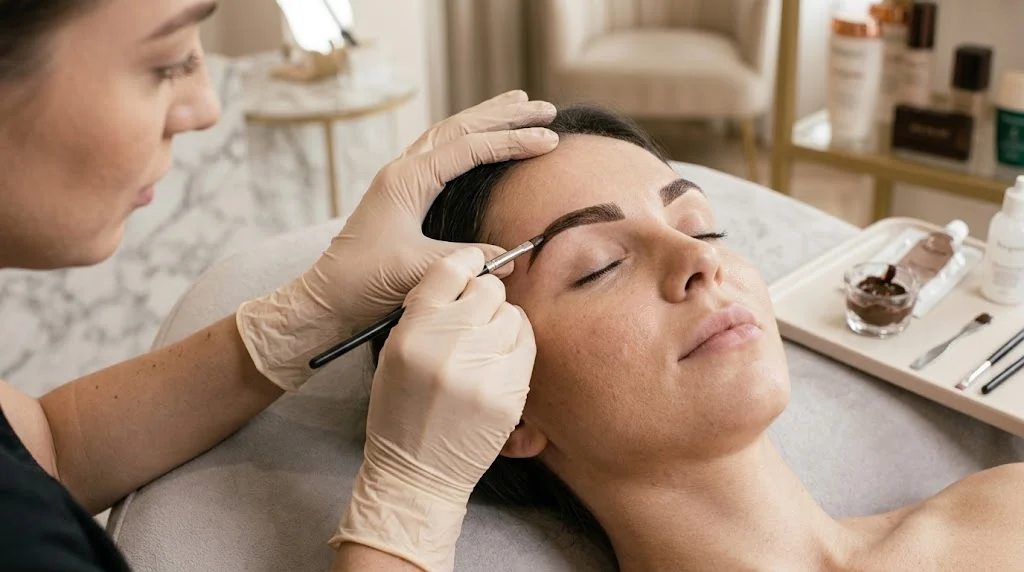 Eyebrow tinting treatment in progress at a salon