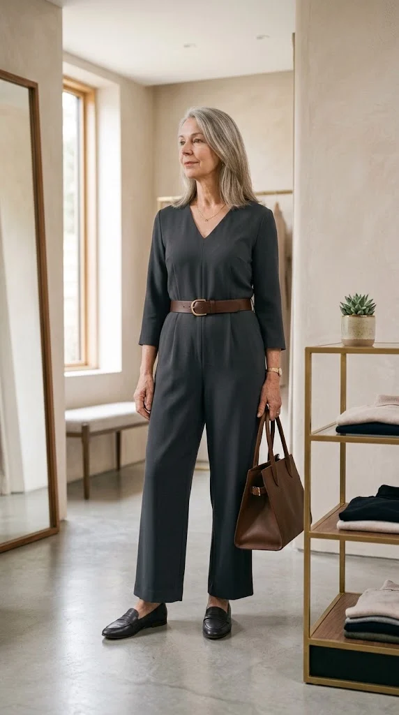 Woman over 50 wearing a fluid jumpsuit fabric that skims the body