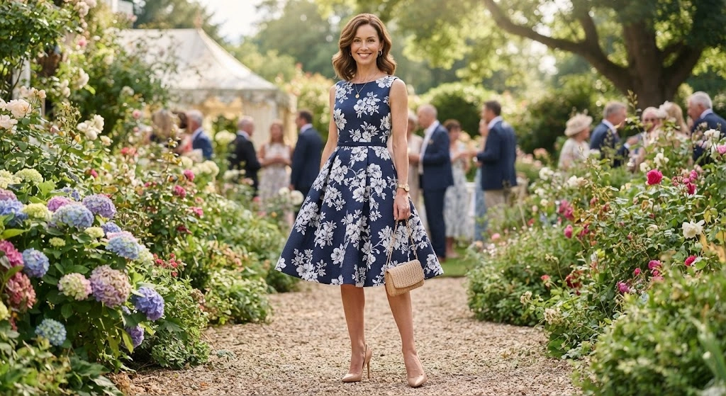Woman wearing a fitted fit-and-flare dress with a defined waist