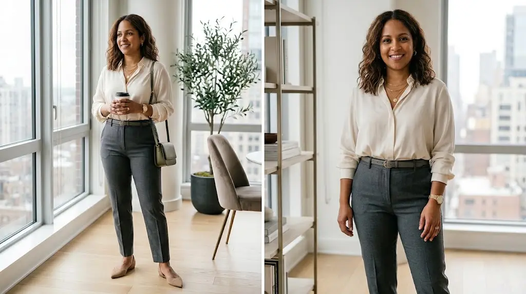Balanced fitted and loose pieces on a short curvy frame