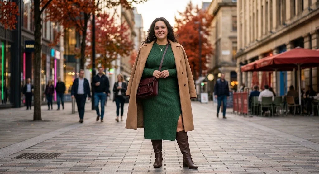 Plus size woman wearing forest green knit dress and boots
