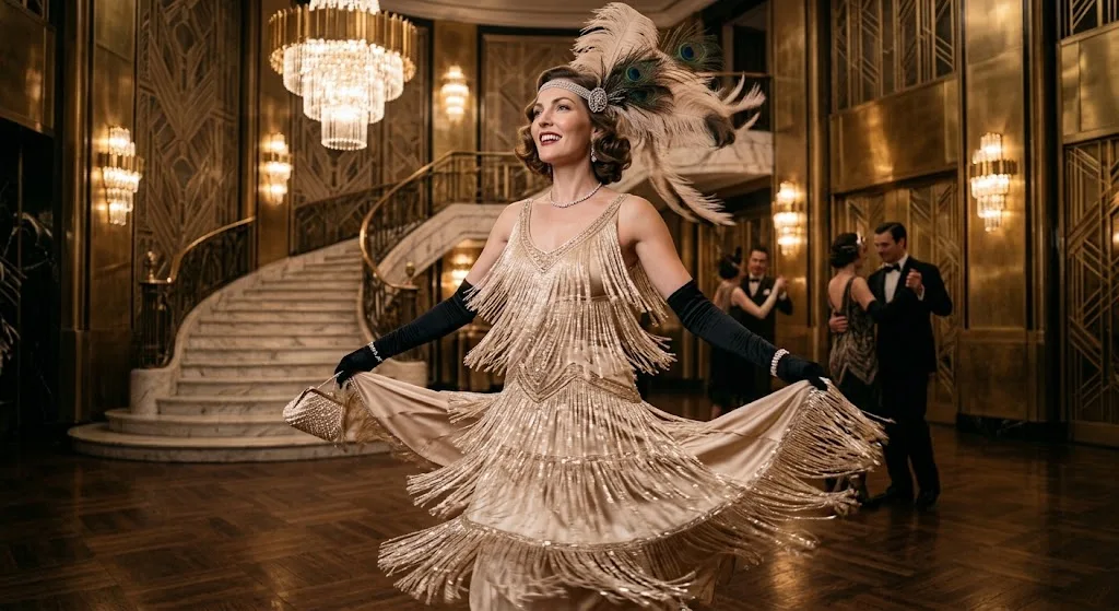 1920s fringe flapper dress with feather headband