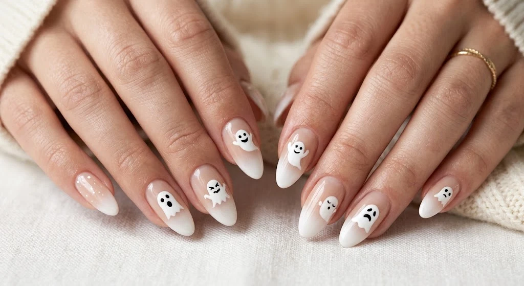 Halloween ghost face nails with different expressions