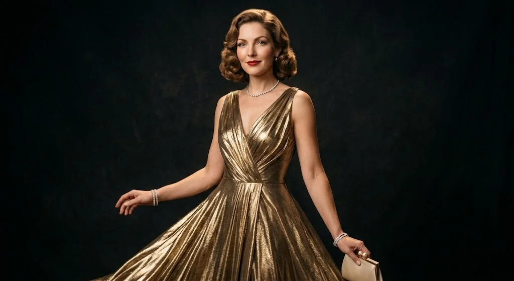 Gold lamé gown with red lipstick Old Hollywood style