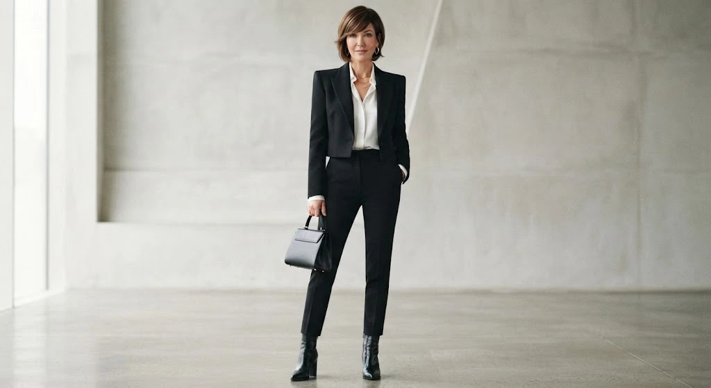 Short layered hairstyle and sleek footwear for flamboyant gamine style
