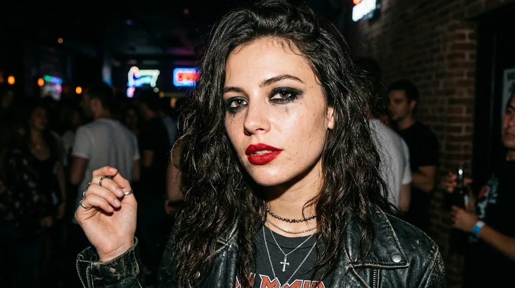 Smudged eyeliner and undone hair in indie sleaze style
