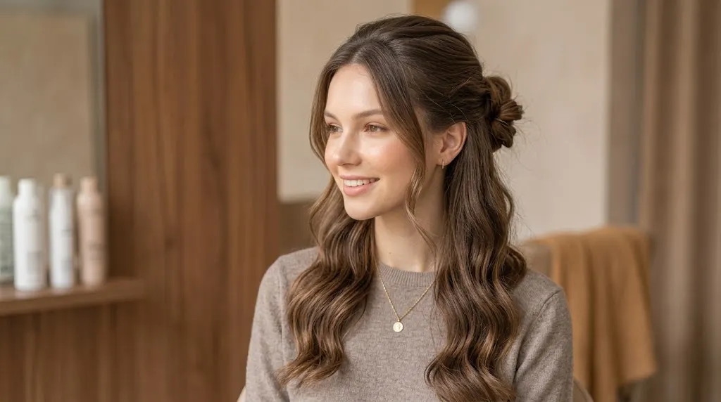 Half up bun hairstyle with loose wavy hair