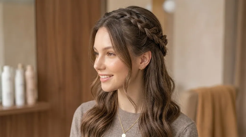 Braided half up hairstyle with loose waves