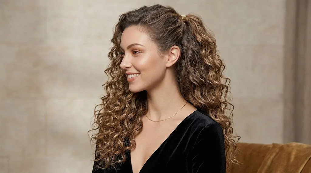 Curly half up hairstyle with voluminous loose curls