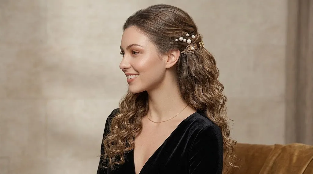 Half up hairstyle with pearl hair accessories