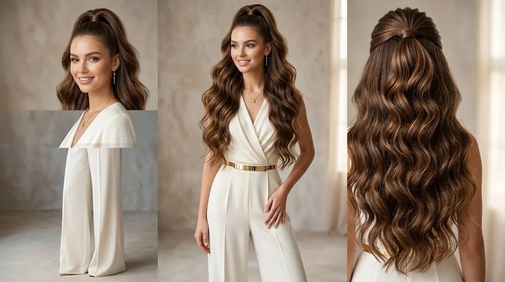 Half up hairstyle for long thick wavy hair