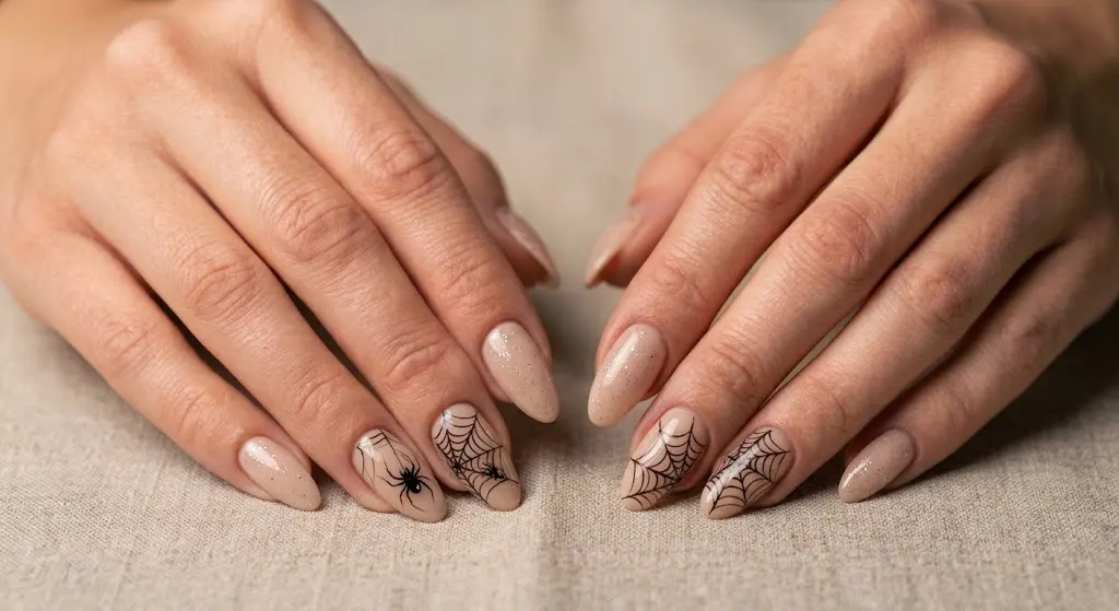 Nude Halloween nails with black spider webs and tiny spider