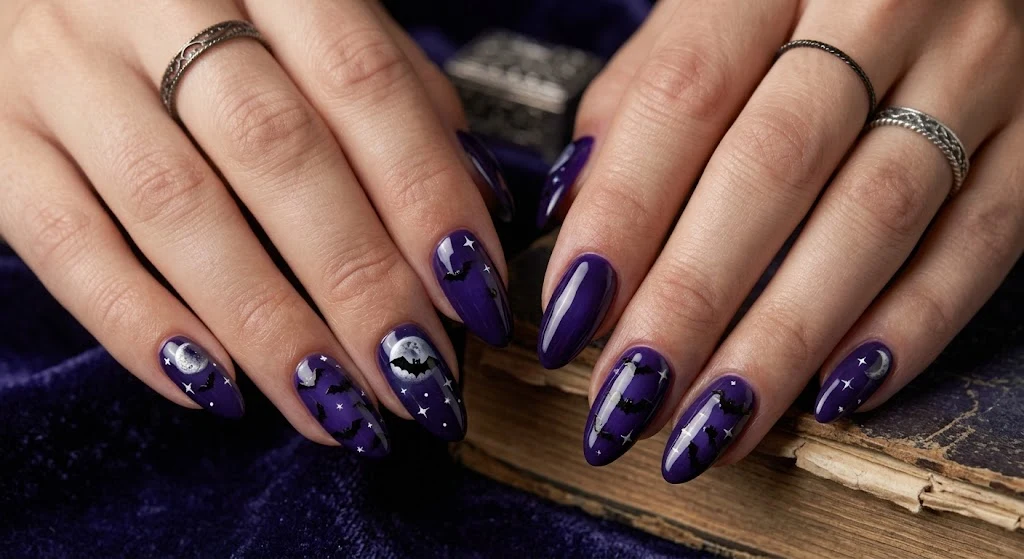 Halloween bat nail designs with stars and dark purple background