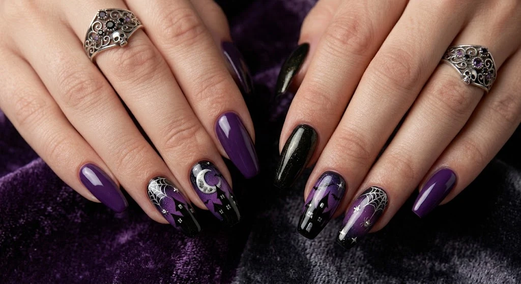 Long Halloween nails with bats, moon, haunted house, and spider webs