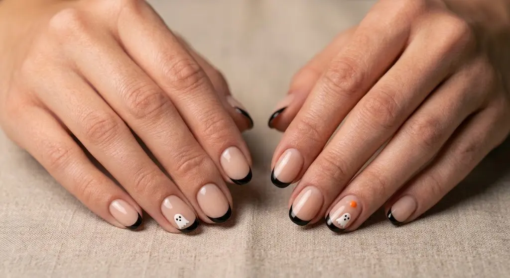 Short Halloween nails with black French tips and tiny ghosts
