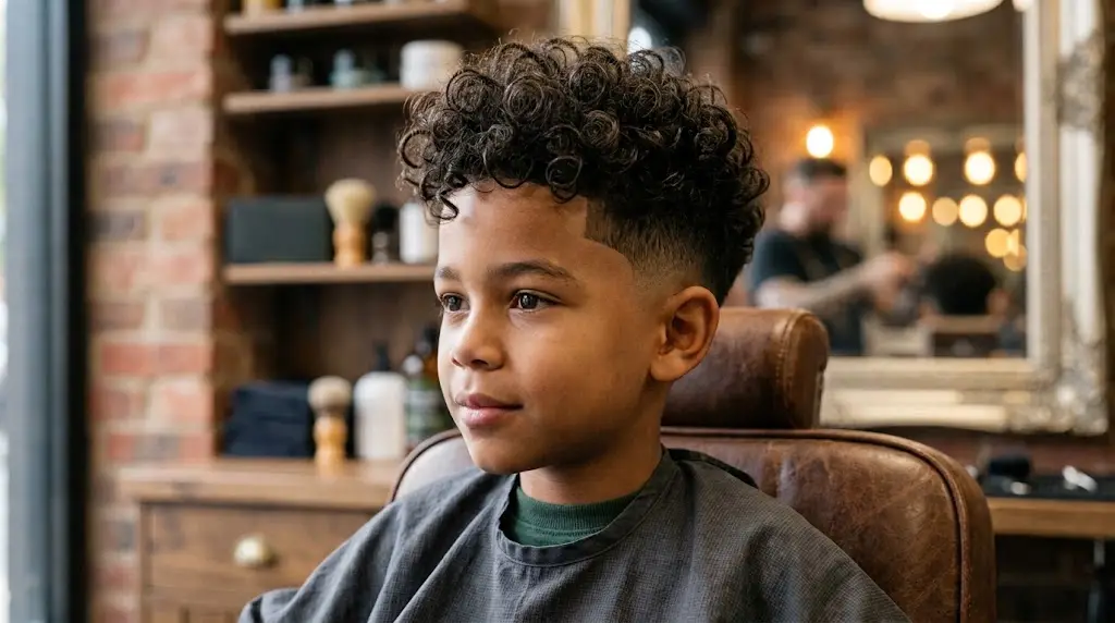 Mixed boy with full curls and high taper haircut