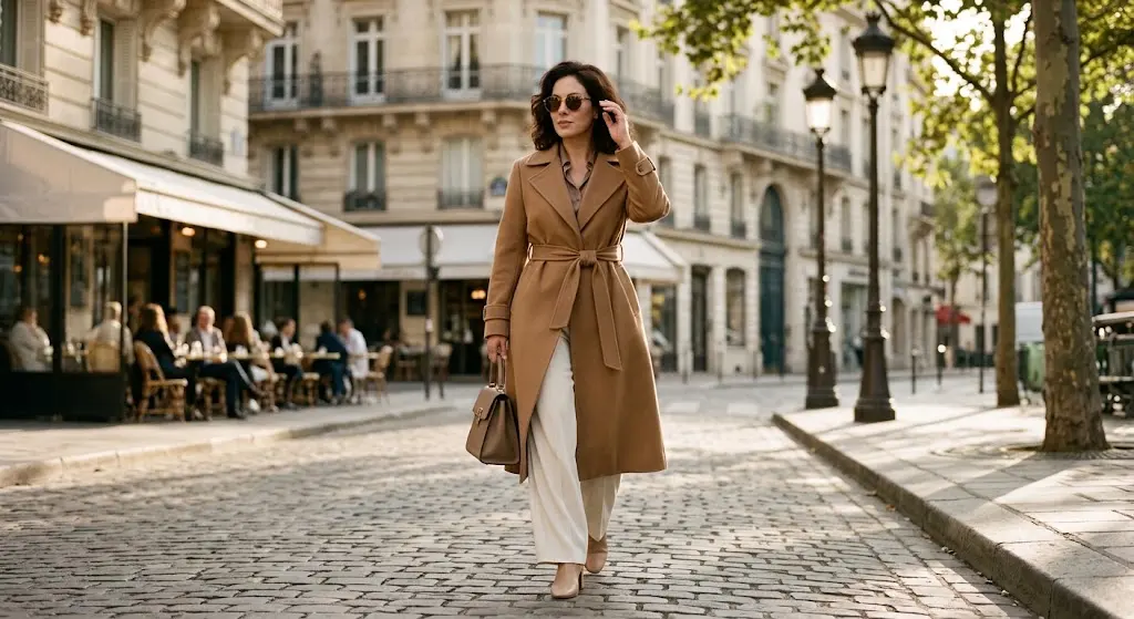 Hourglass body shape styling featuring a belted trench coat and high-waisted wide-leg trousers