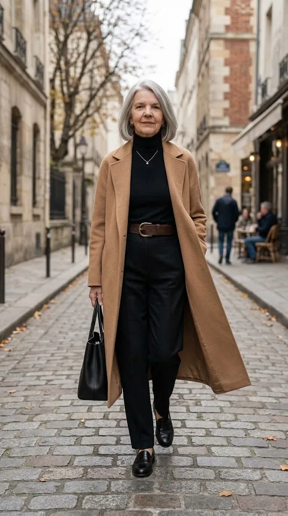 Woman over 50 wearing a long camel coat with a wide leather belt