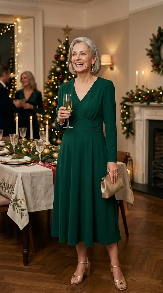 Jewel-tone midi dress with statement earrings for Christmas party