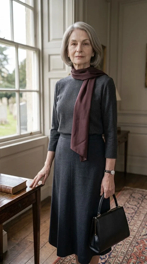 Elegant mature woman with understated funeral accessories