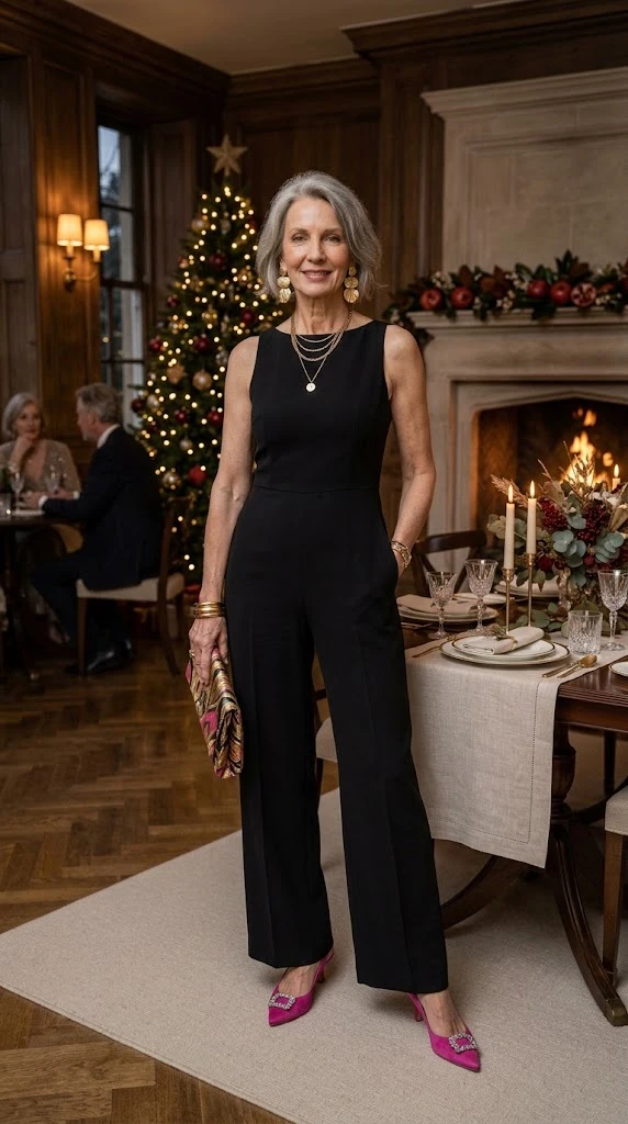Woman over 50 wearing a black jumpsuit for a holiday party