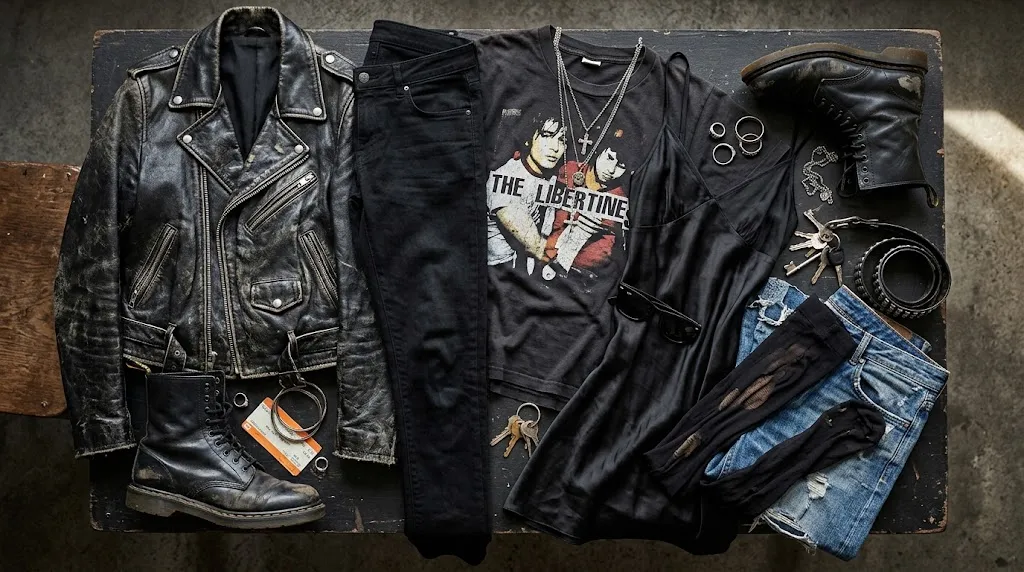 Indie sleaze clothing essentials and mixed textures