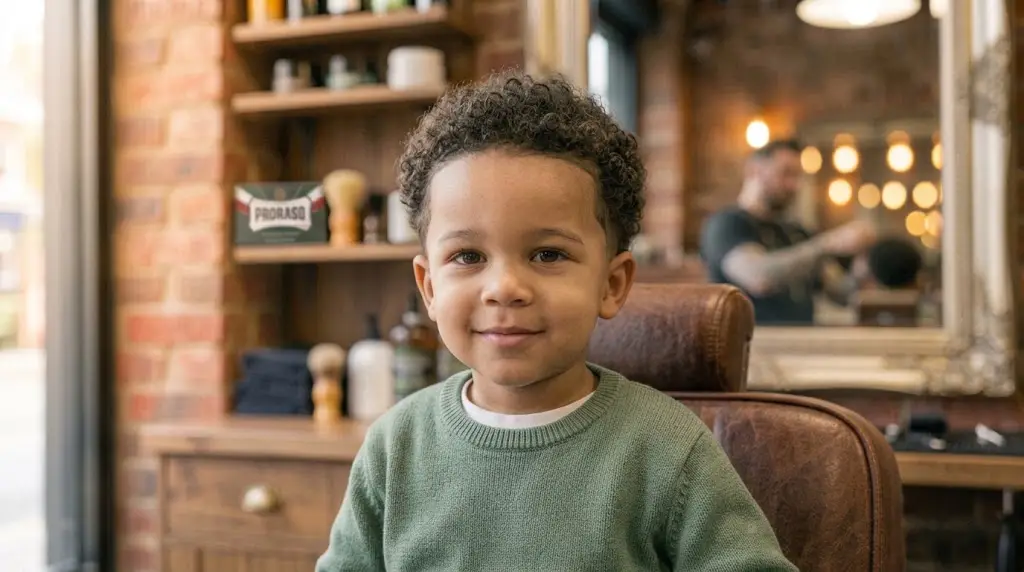 School age mixed boy with curly fade haircut