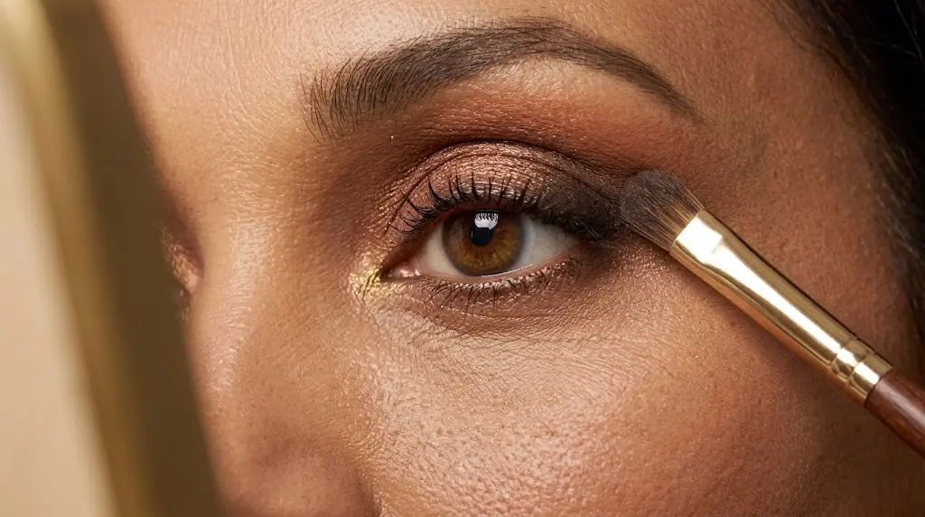 Applying bronze and copper eyeshadow for Deep Autumn makeup
