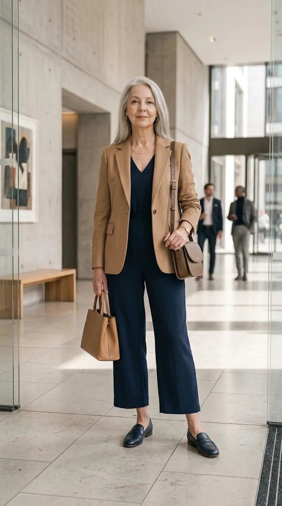 Woman over 50 wearing a blazer over a jumpsuit