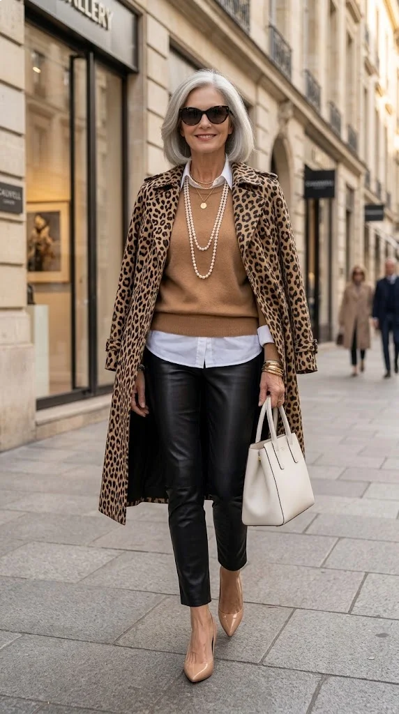 Leopard coat camel sweater and leather pants outfit