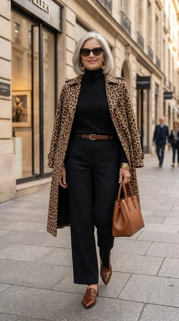 Leopard coat with black trousers outfit for women over 50