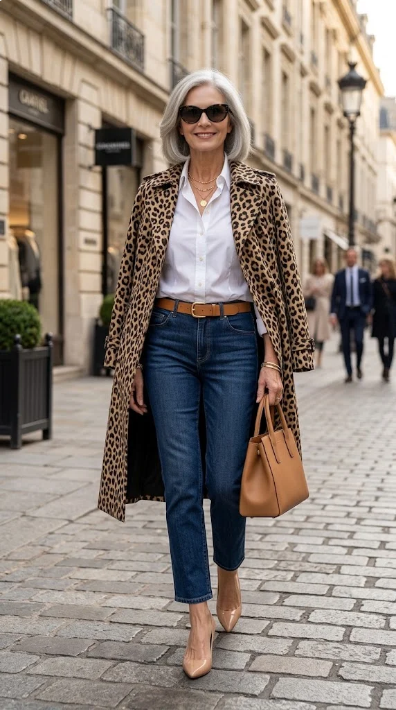Leopard coat with cropped jeans outfit for women over 50