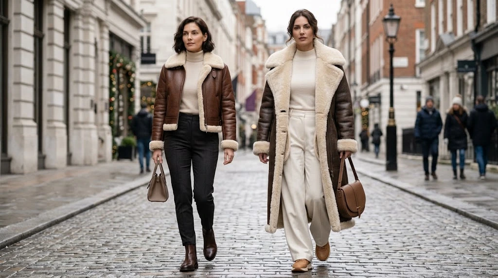 Cropped and full-length shearling outerwear styled with balanced silhouettes