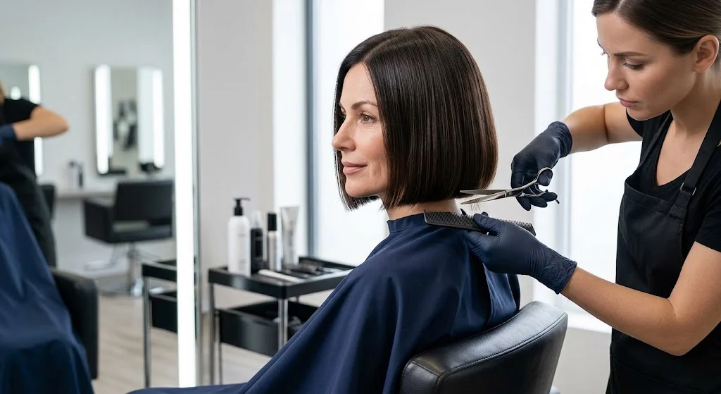 Short bob haircut being maintained with a professional trim