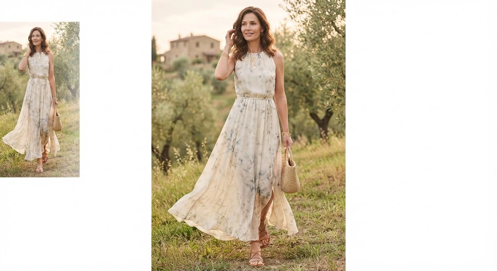 Woman wearing a flowing ankle-length maxi dress with a side slit