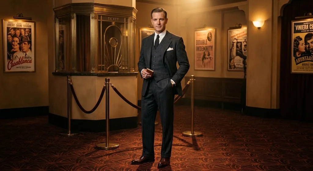 Classic men's Old Hollywood pinstripe suit with pocket square